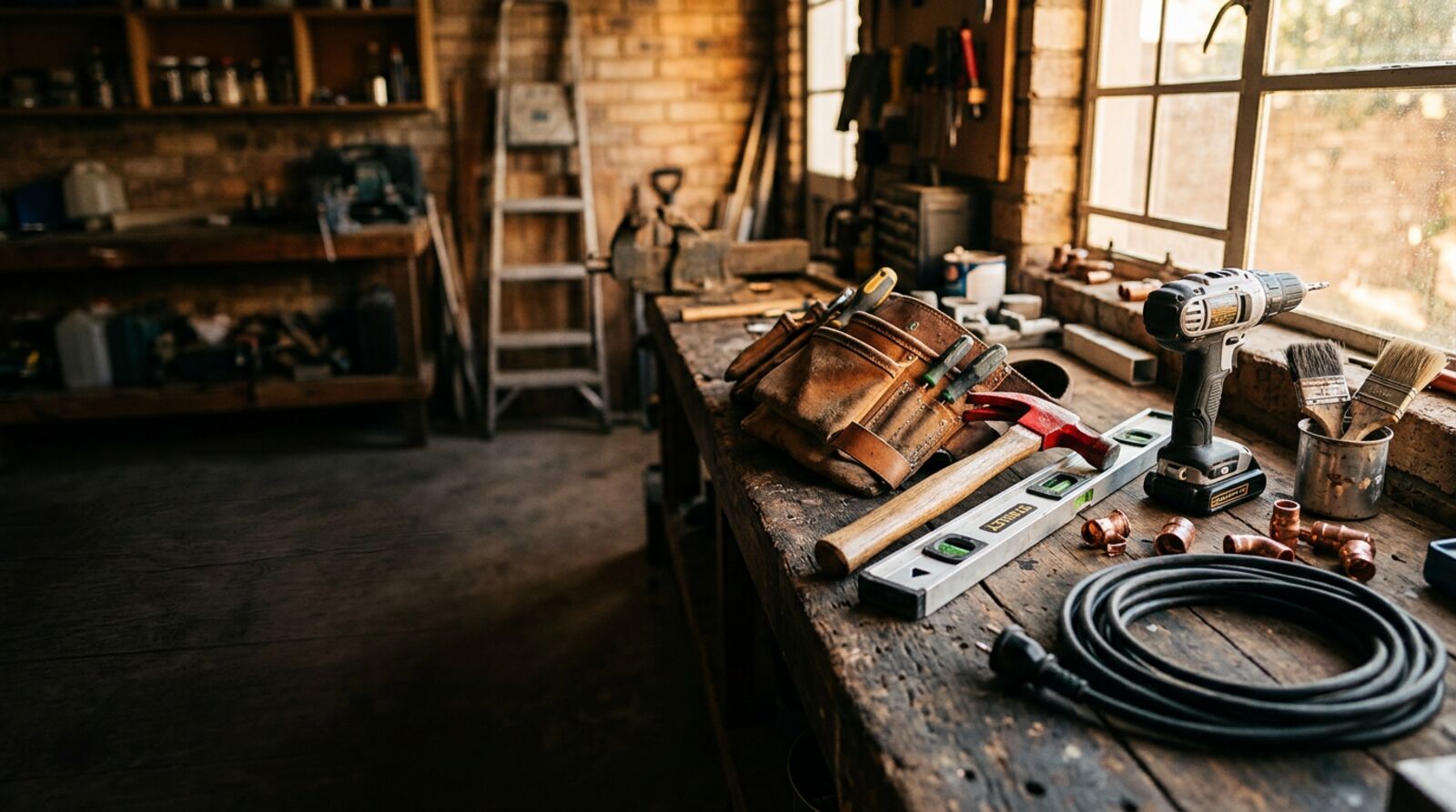 A tradesman's workbench with tool belt, hammer, level, drill and copper fittings
